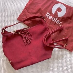 Red Leather and Suede Purse with optional shoulder strap and dust bag